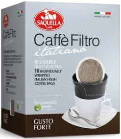 Saquella Caffé Filtro Gusto Forte Reusable One Cup Filter & 10 X Italian Coffee Bags